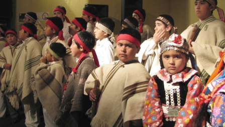 Mapuche children from the Tirúa Youth Orchestra at the launch of the "Mucho Chile" campaign in the capital, Santiago, in 2019