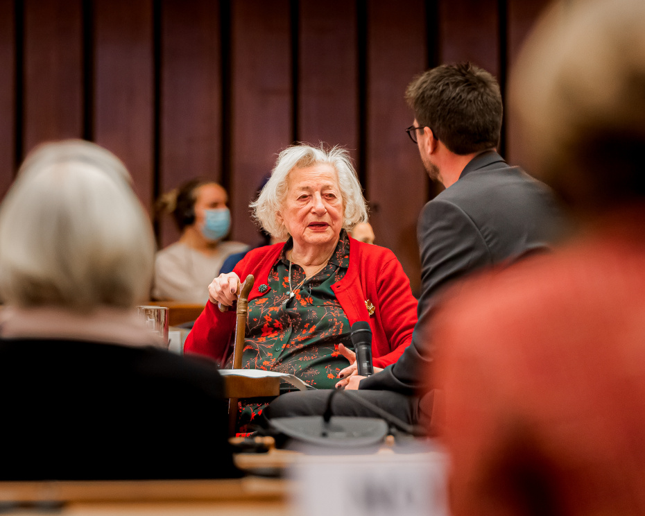 Holocaust survivor Emma Adjadj tells her story at a ceremony at the Palais des Nations