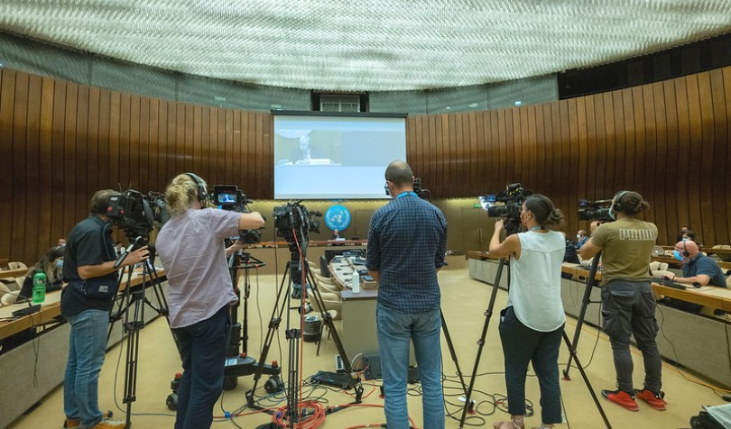 António Guterres, Secretary-Journalists & cameramen at a press conference for the High-Level Ministerial Event on the Humanitarian Situation in Afghanistan