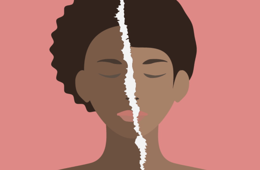 An illustration of half the face of each, a coloured woman and a man of color, with the line "Skin lightening products: potentially harmful ingredients". 