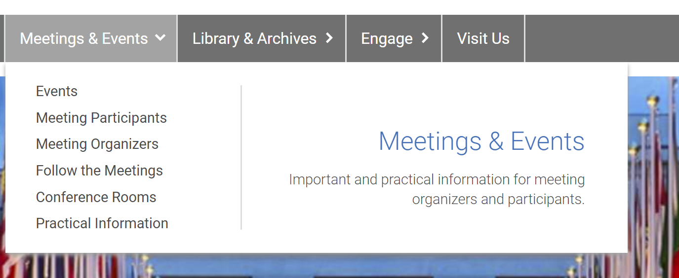 Screen shot of one of the menu items, Meetings & Events
