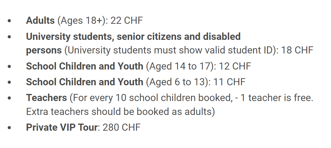 A screen shot of the Visitors Service tour fees. The different categories, such as adults, school children, or teachers, are written in bold print. 