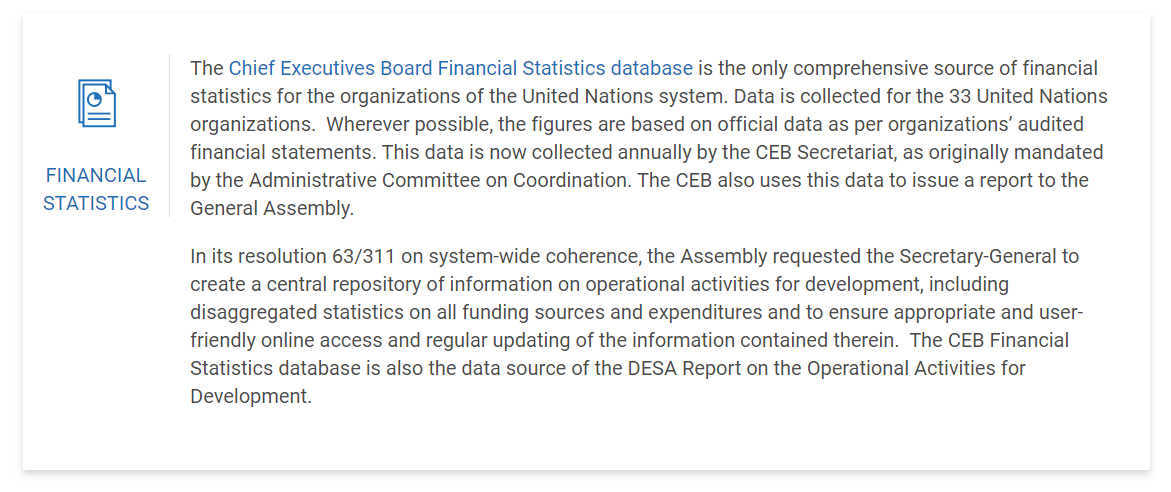 A box with an icon and the heading "financial statistics" on the left and running text on the right.