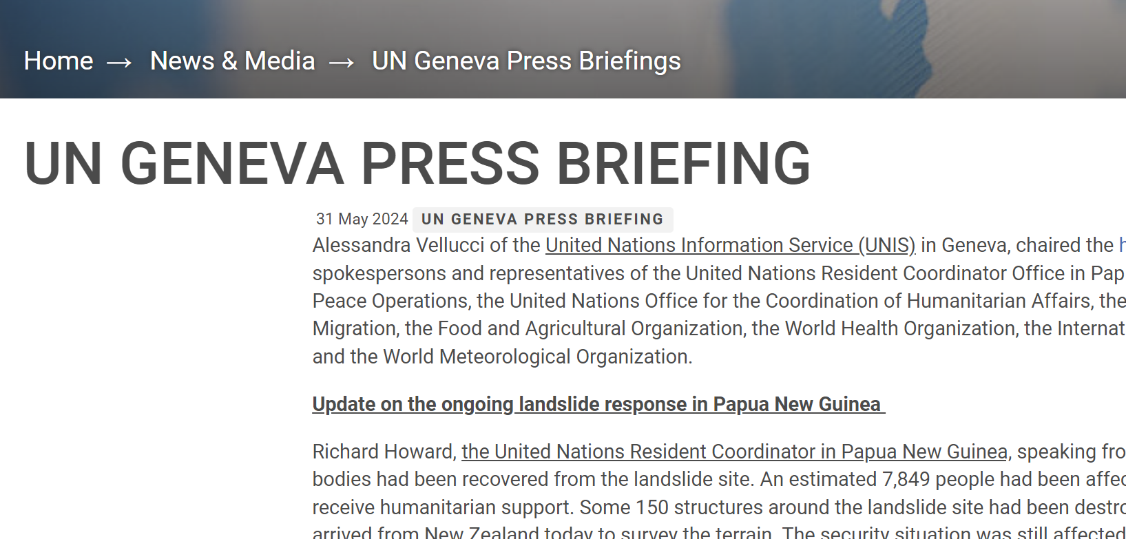 Screenshot of UN Geneva Press Briefing. The Organizations' names are underlined.