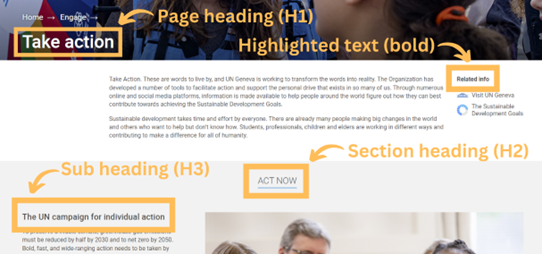 A section of a web page. The page heading is highlighted and labelled "Page heading (H)". A section heading is highlighted and labelled as H2, and a sub heading within a section is labelled as H3. There is also text in bold, which is labelled as "highlighted text". 