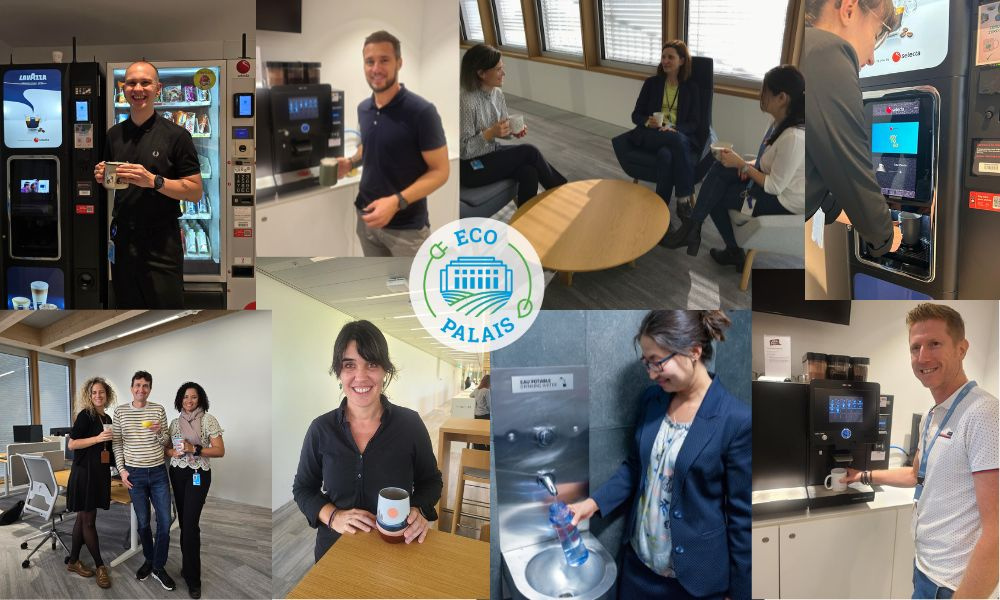 A collage of UN staff having a coffee with their own coffee cups