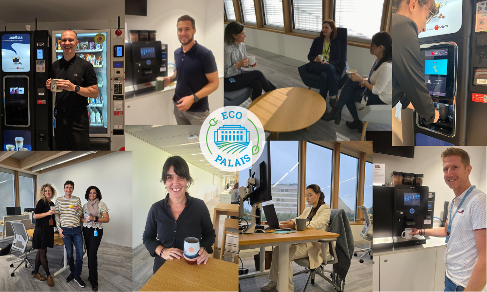 A collage of UN staff having a coffee with their own coffee cups