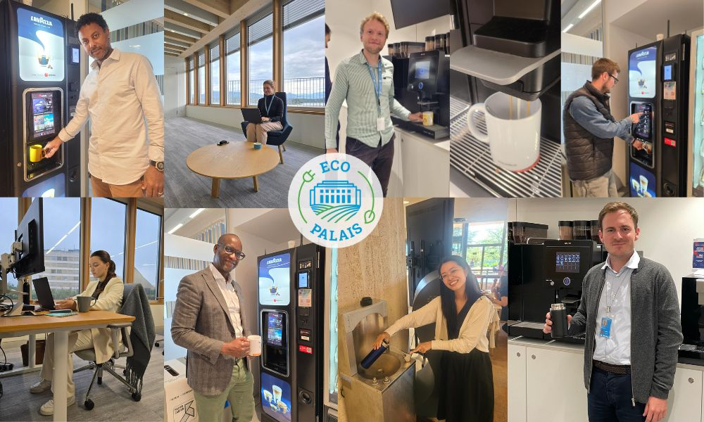 A collage of UN staff having a coffee with their own coffee cups