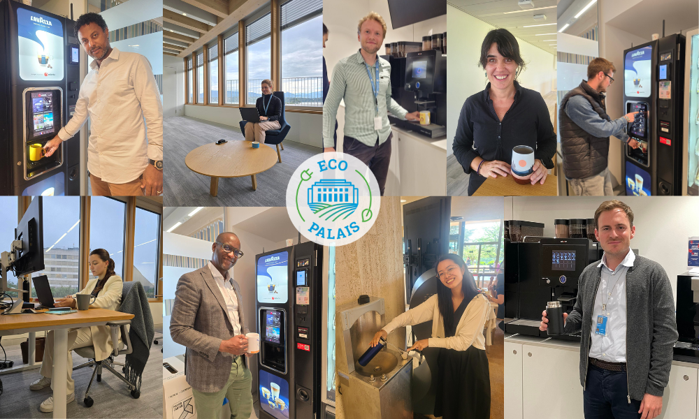 A collage of UN staff having a coffee with their own coffee cups