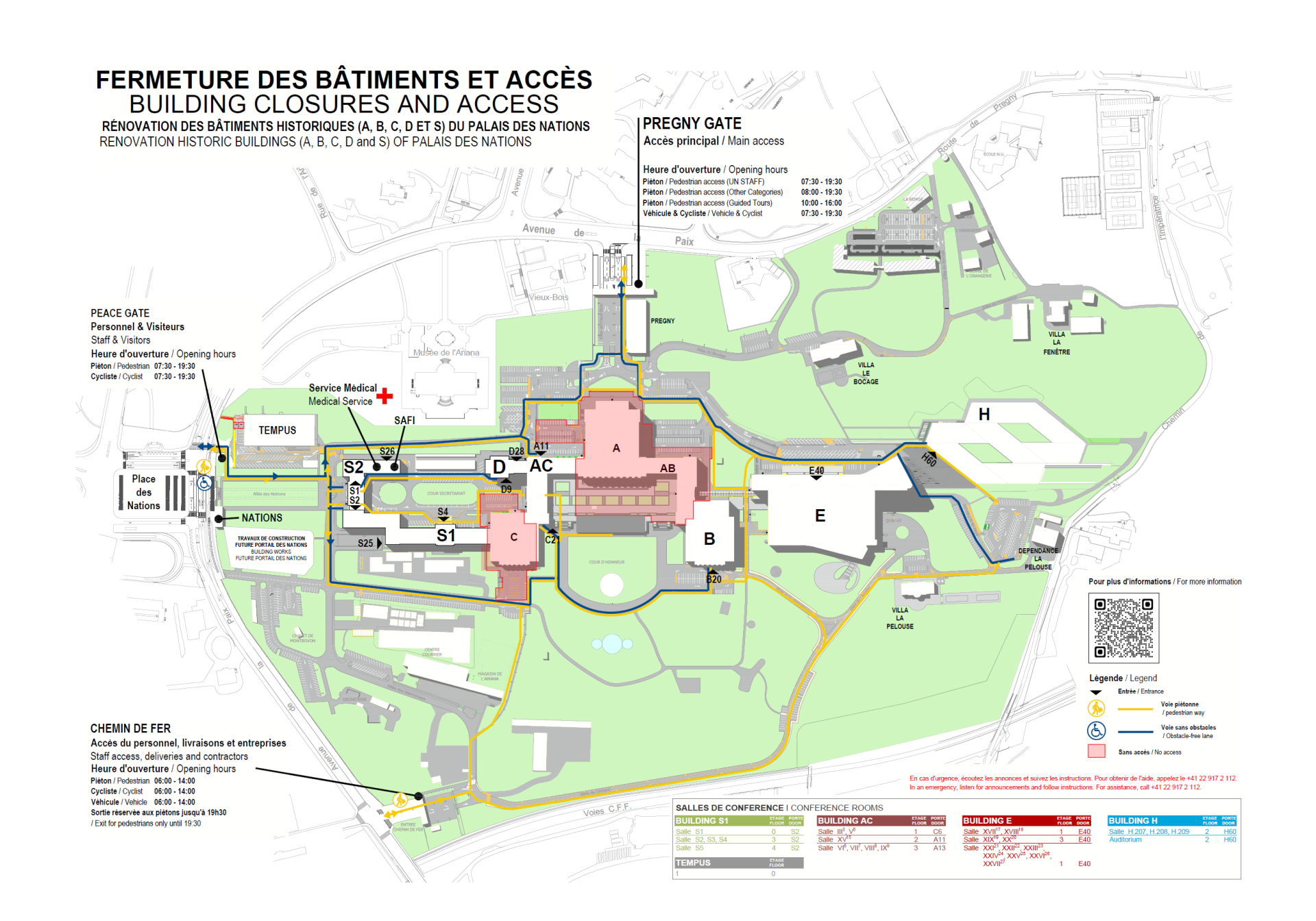 Un plan du Palais des Nations, montrant les itinéraires de promenade depuis les différentes entrées jusqu'à l'immeuble de bureaux pendant la rénovation du Palais. 