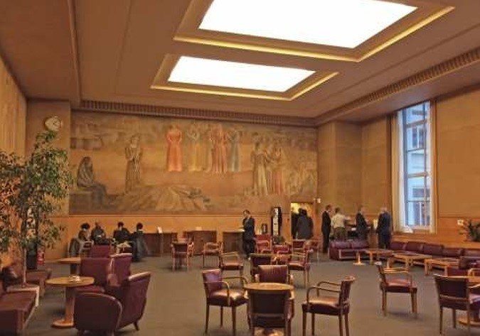 A wide shot of the Delegates' Bar located in the Palais des Nations. 