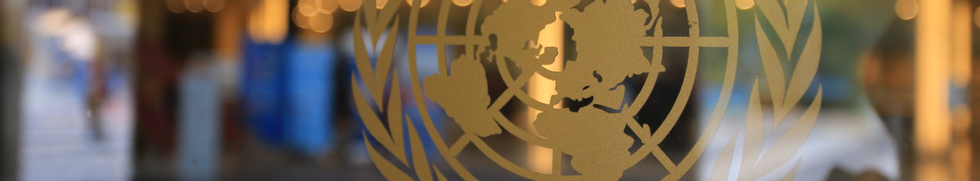 Close-up of a UN logo on a glass door