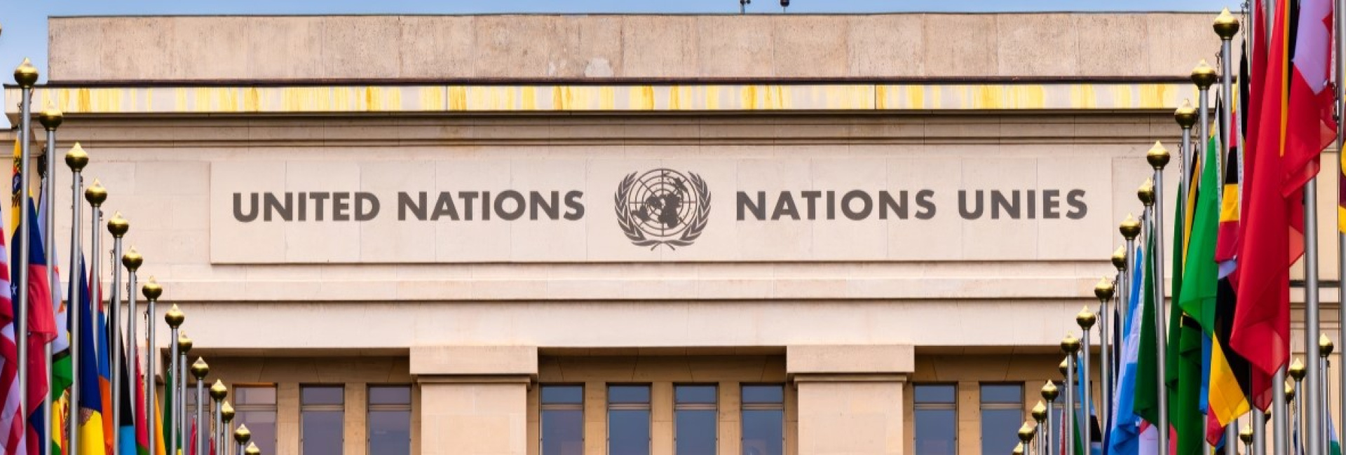 A section of the Palais des Nations showing the UN logo, part of the building and the flags of Member States